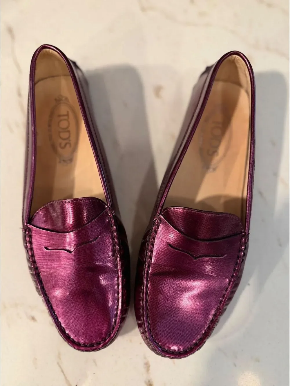 Tod's Metallic Purple Leather Purple Driving Loafers (with Dust Bag) Sz EU38/US8